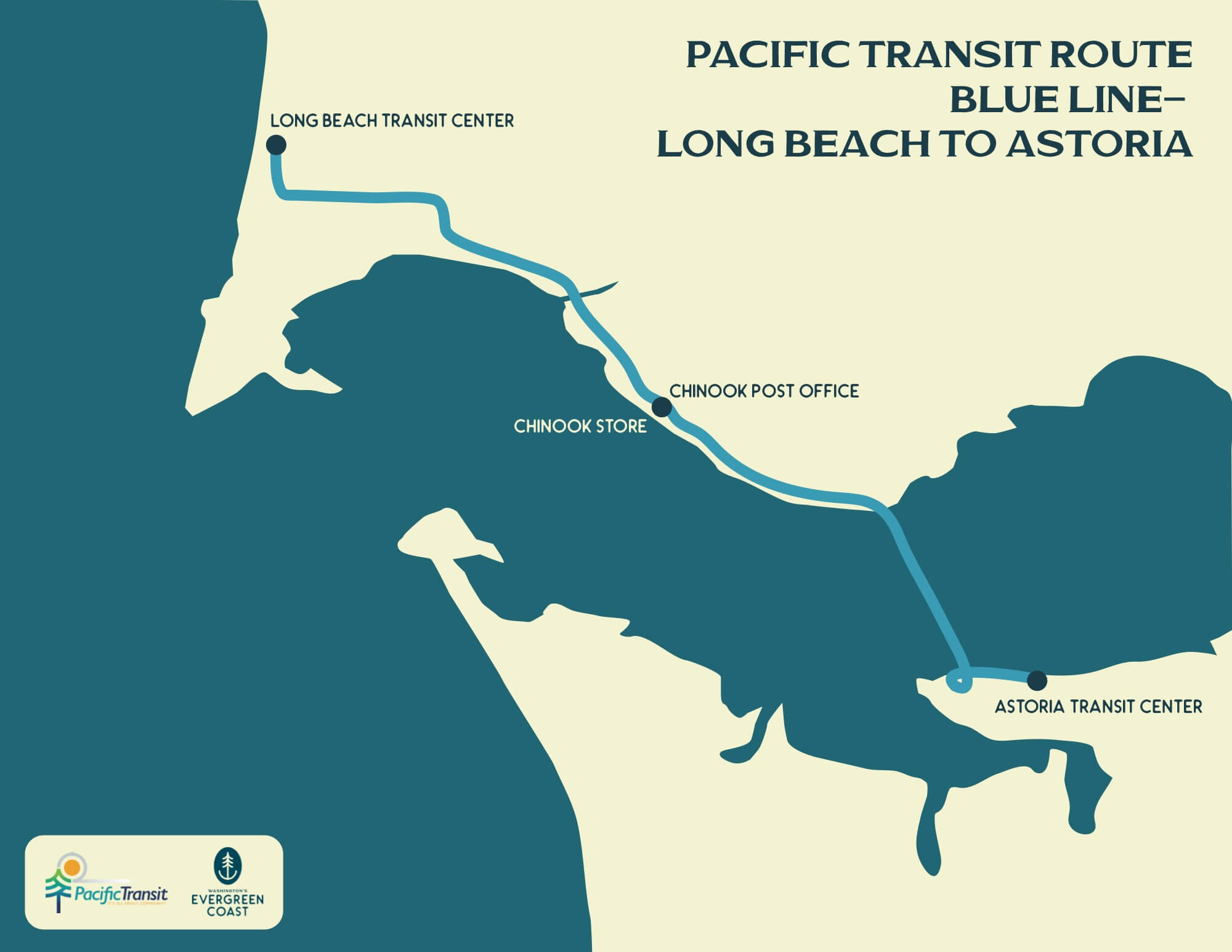 Local Transportation Pacific Transit Blue Line route map, Long Beach to Chinook and Astoria