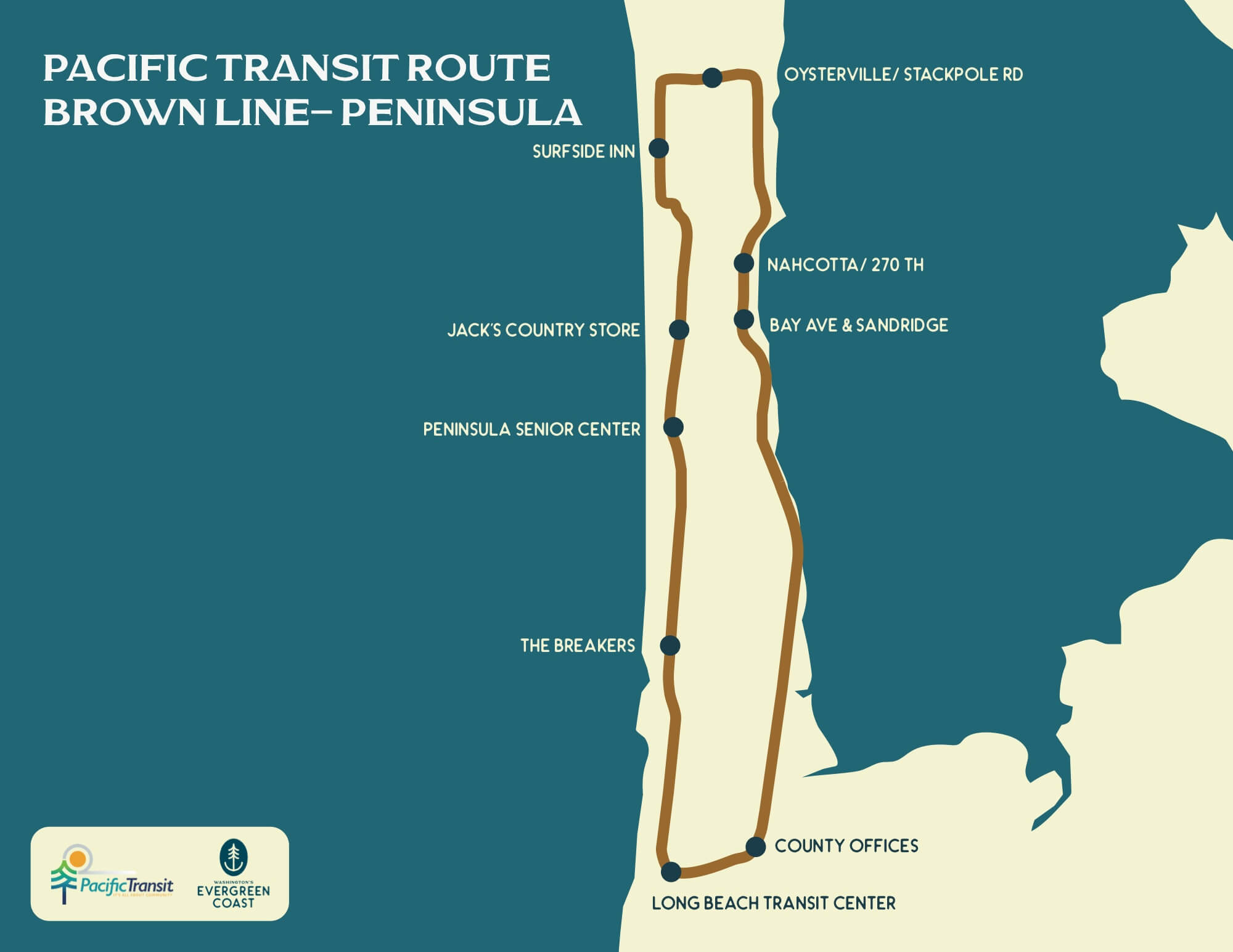 Local Transportation Pacific Transit Brown Line route map, Long Beach to Ocean Park, Nahcotta and Oysterville