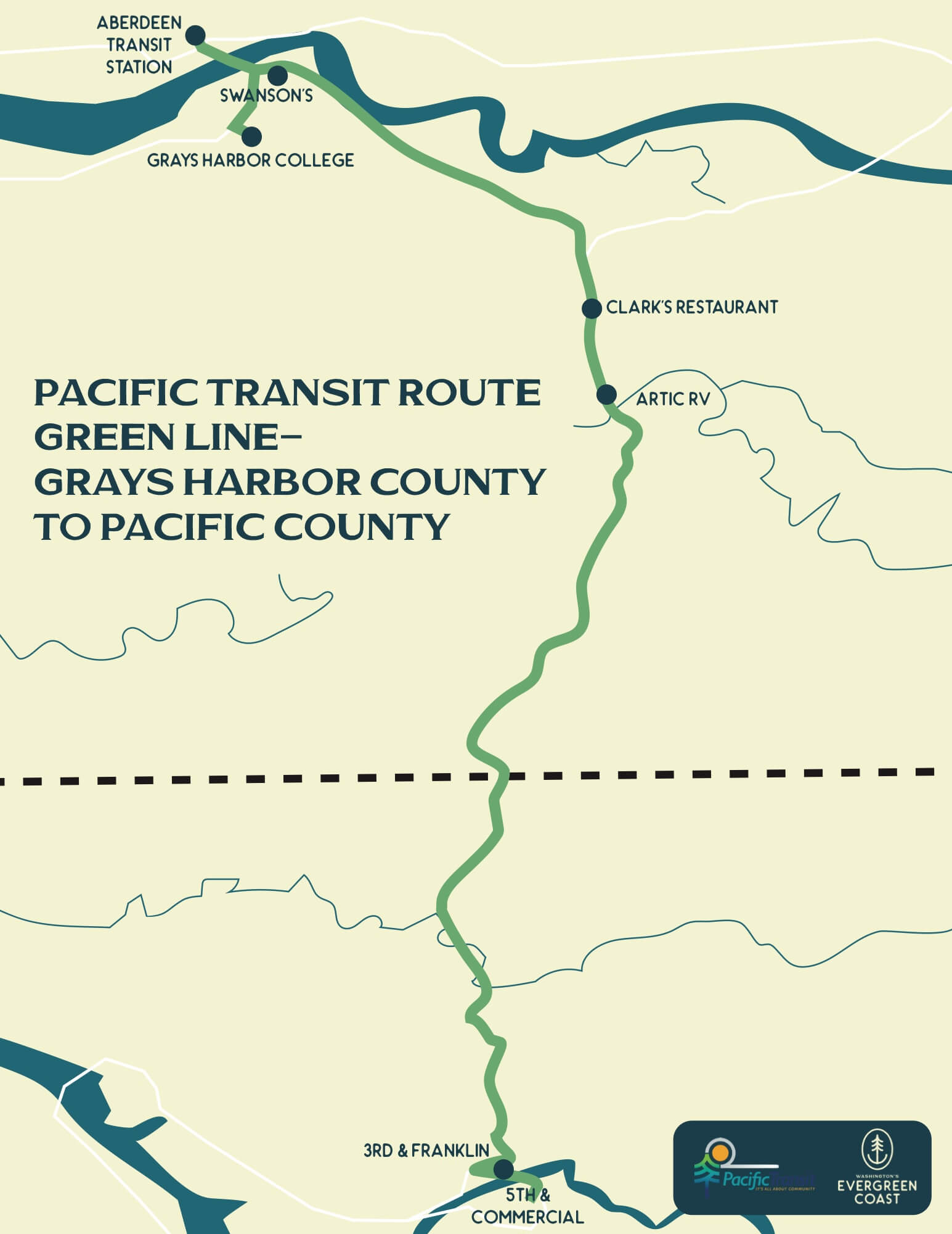 Local Transportation Pacific Transit Green Line route map, Raymond to Aberdeen