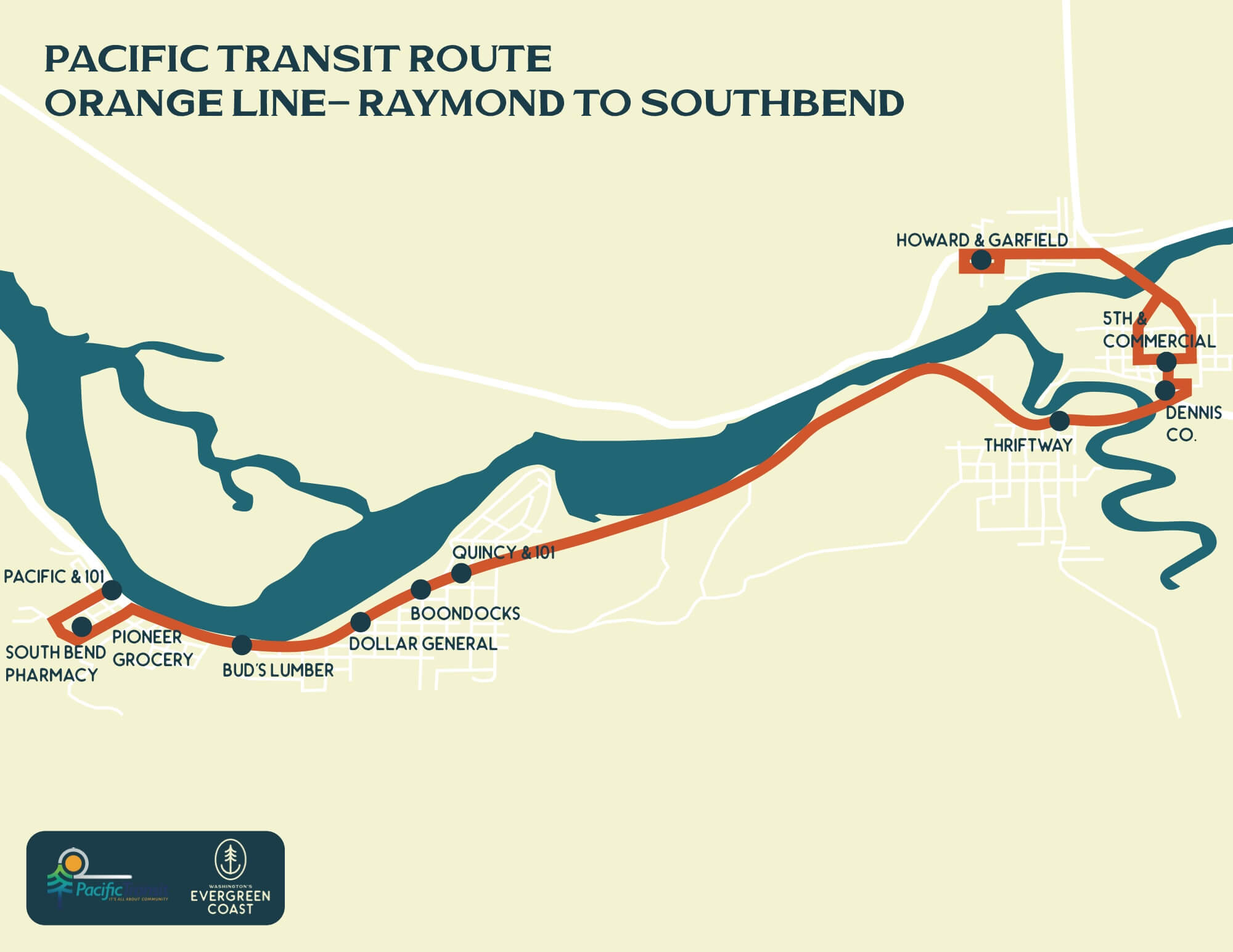 Local Transportation Pacific Transit Orange Line Shopper Shuttle route map, Raymond and South Bend