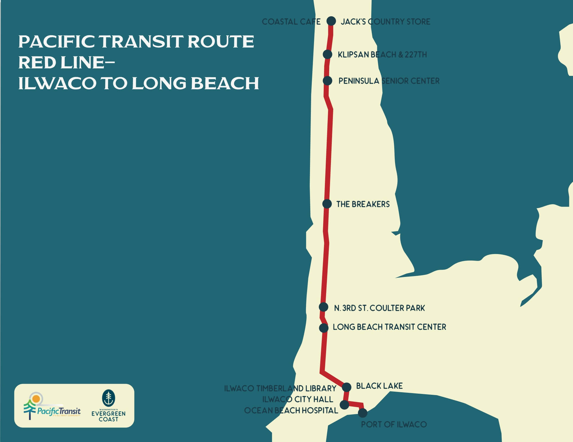 Local Transportation Pacific Transit Red Line route map, Ilwaco to Long Beach and Ocean Park