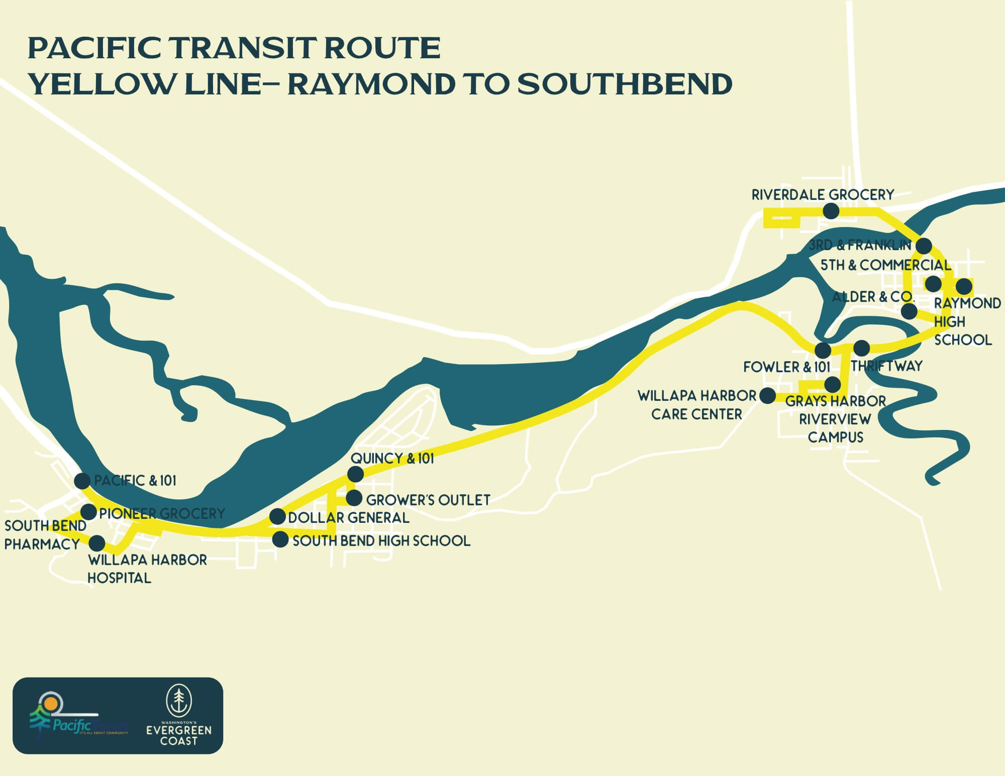 Local Transportation Pacific Transit Yellow Line route map, Raymond and South Bend