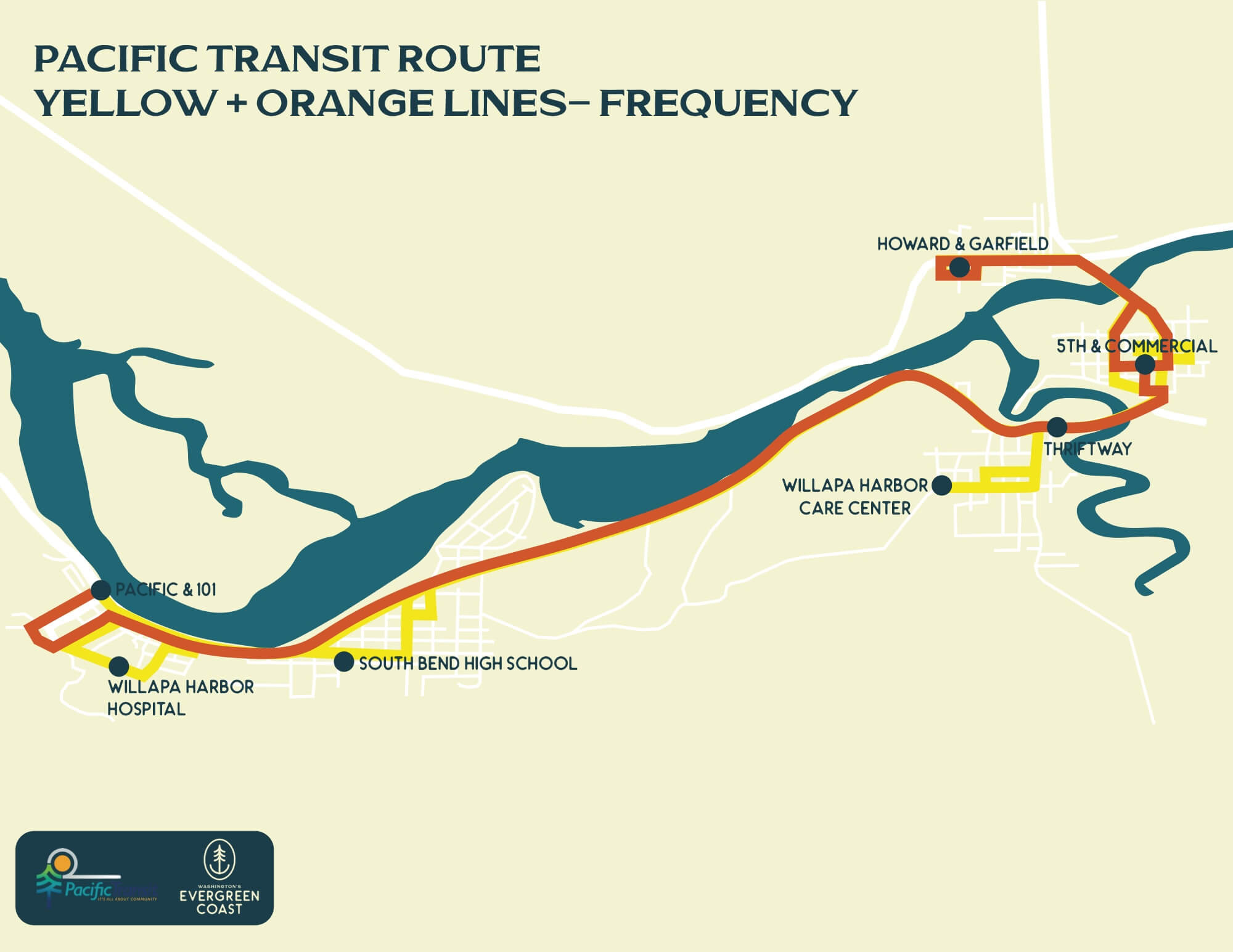Local Transportation Pacific Transit Yellow and Orange Lines frequency map, Raymond and South Bend