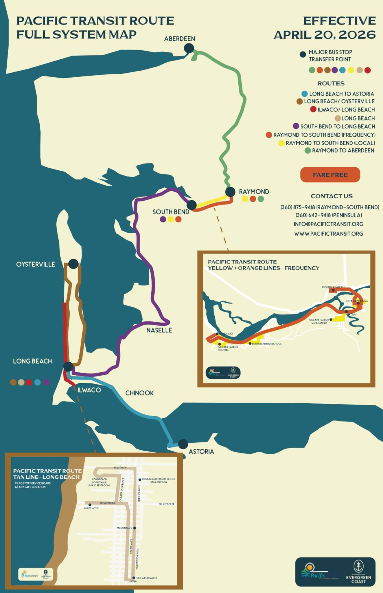 Local Transportation Pacific Transit full system map showing all bus routes in Pacific County, WA